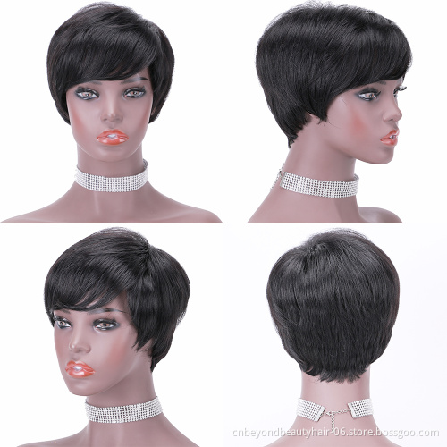 Natural Looking Short Human Hair Wigs Pixie Cut Dark Root Ombre Natural Black Wigs with Bangs Wigs for Women